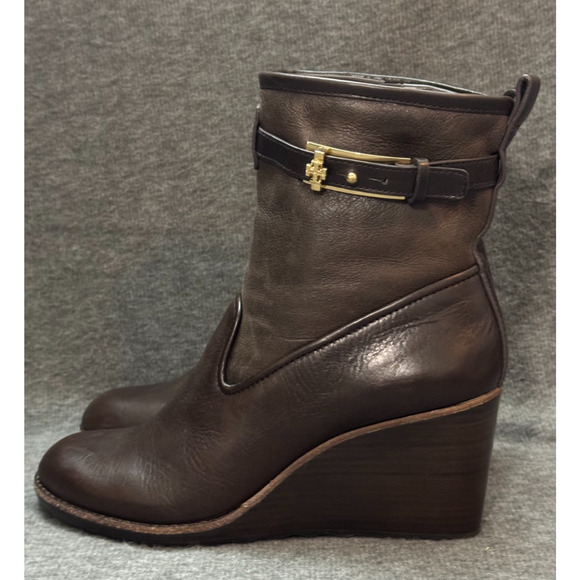 Tory Burch Primrose Boots Brown Leather Faux Fur Zip Up - Womens 8 - Picture 10 of 13